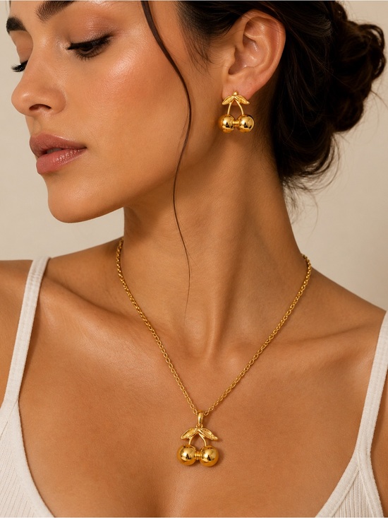 Anthropologie Jewelry - Gold Cherry Pendant Necklace&Earrings Set